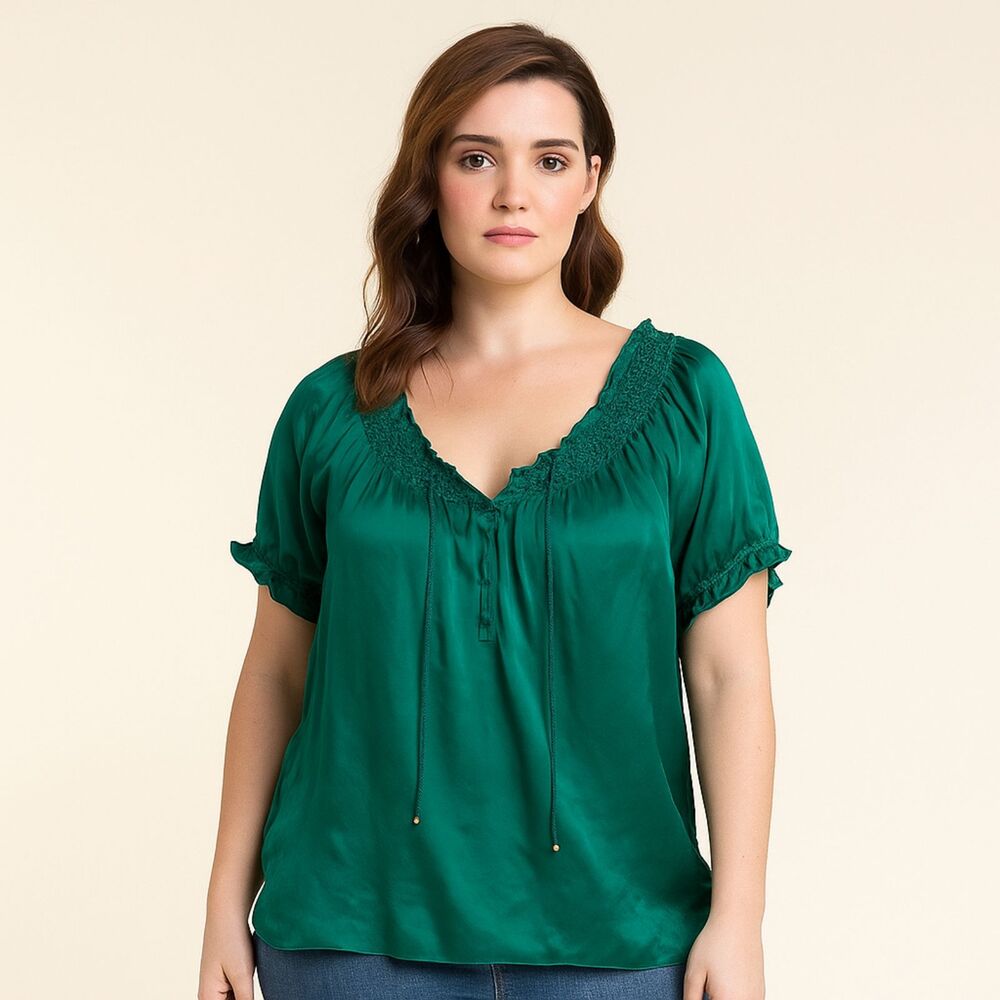 Joie Silk Emerald Green Beaded Smocked Top Blouse
